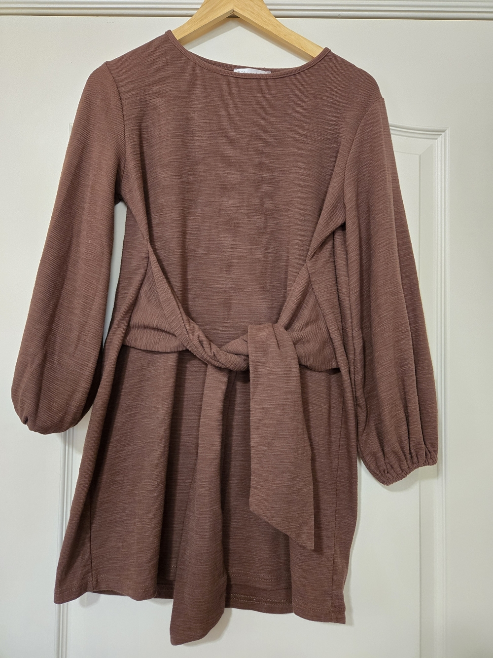 Tie-Front Long Sleeve Tunic Dress in Fall Brown Cozy